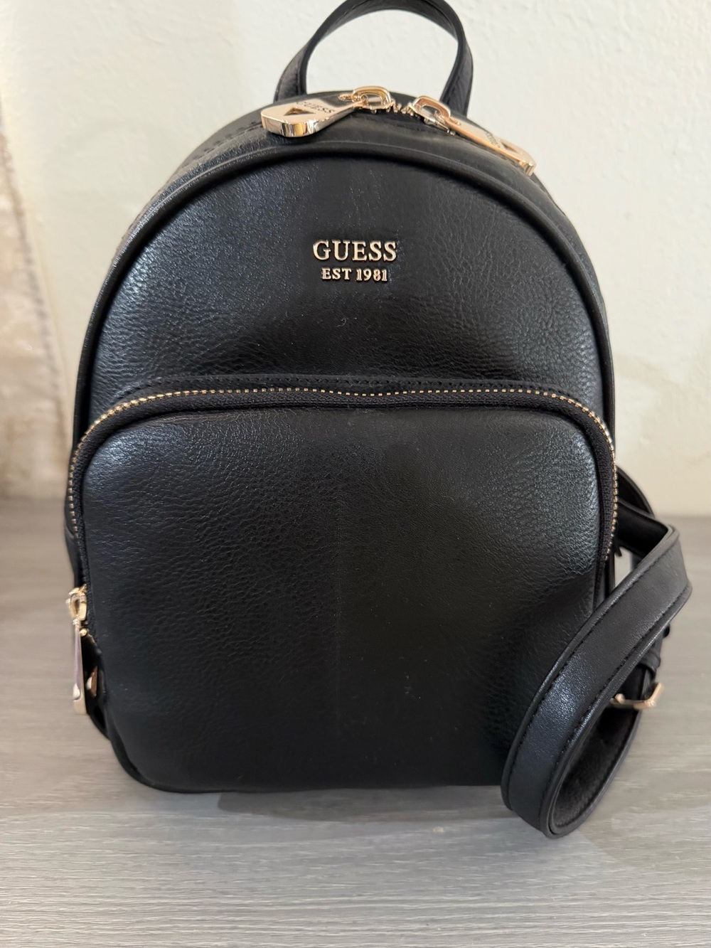 GUESS Black Mini Backpack with Gold Hardware